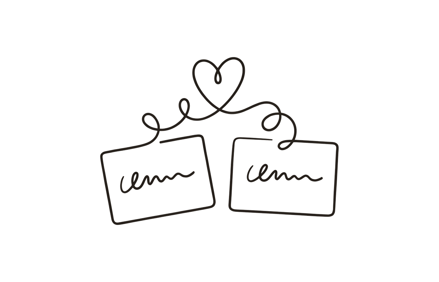 A line drawing of two index cards side by side, connected by a heart-shaped squiggle line, holding two halves of a family security story.